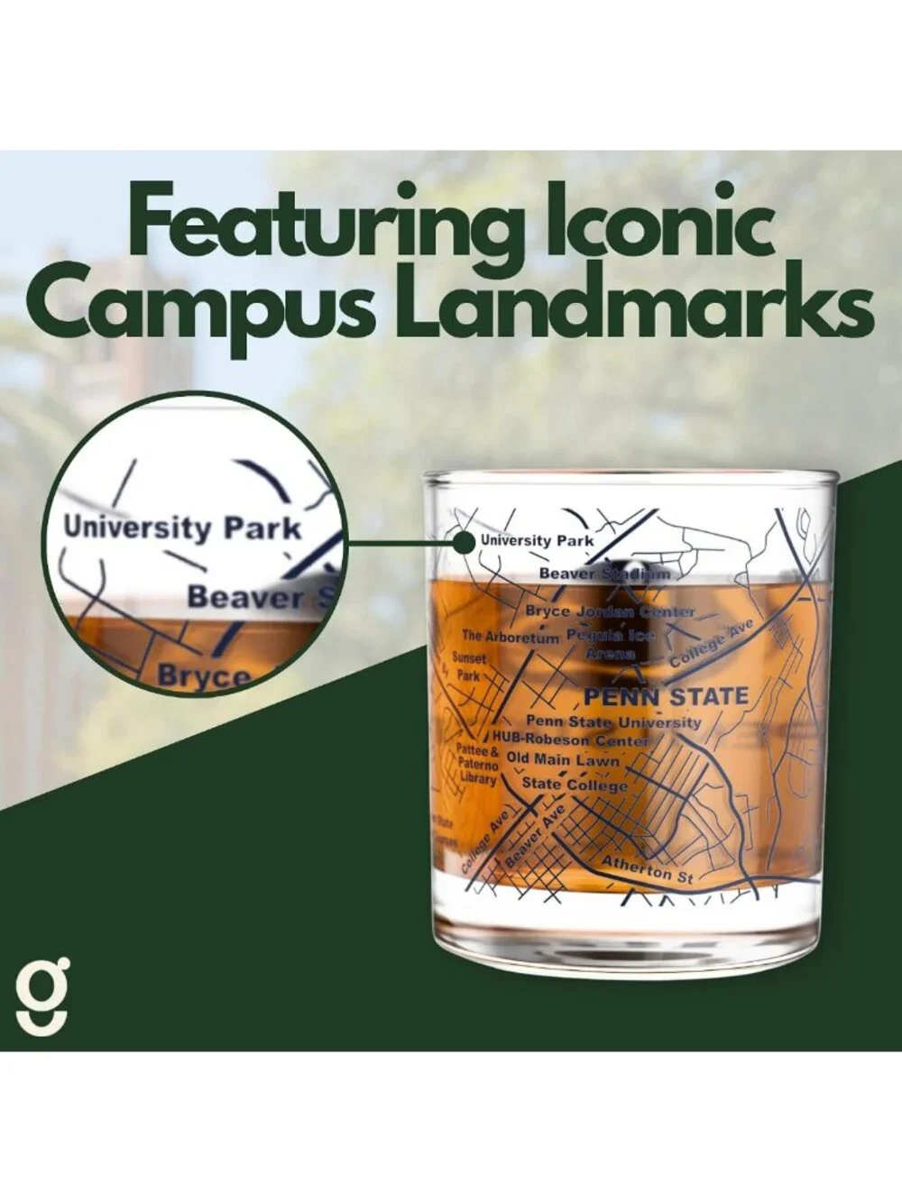 Set of 2 Penn State Whiskey Glasses - 10 oz Rocks Glasses with Logo & Campus Map